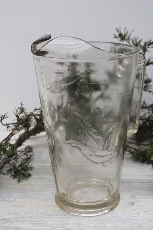 vintage glass beer pitcher w/ flying ducks, for man cave cabin or retro bar