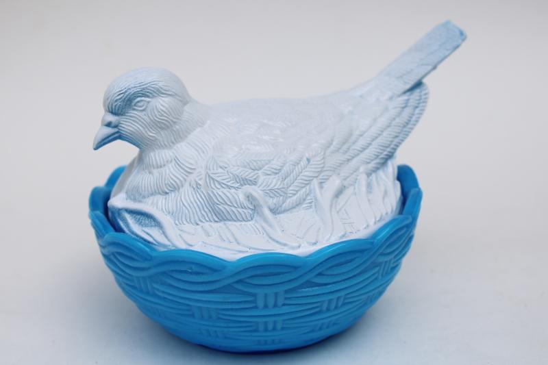 vintage glass bird on nest candy dish, white dove on opaline blue milk glass basket