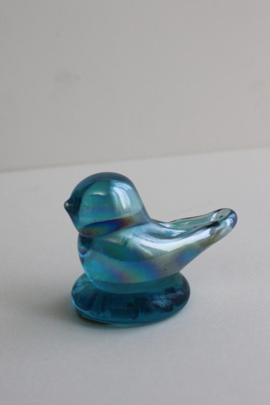 vintage glass bluebird of happiness, Sunny Day label iridescent blue glass bird