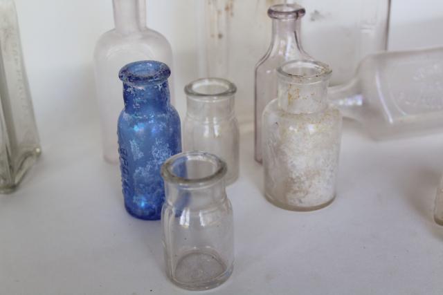 vintage glass bottle collection, as found old drugstore medicine pharmacy bottles