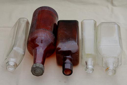 vintage glass bottles, patent medicine or distillery bottles, old whiskey bottle lot