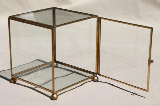 Vintage Glass And Brass Box Showcase Cube Shaped Display Case Curio Cabinet