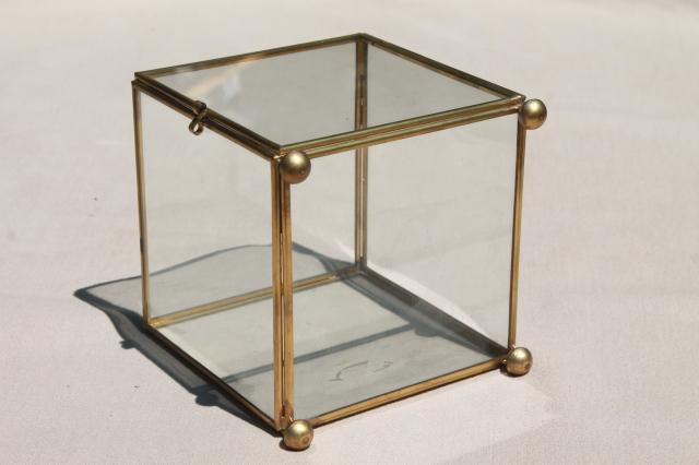 vintage glass & brass box showcase, cube shaped display case / curio cabinet