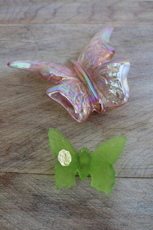 vintage glass butterflies, Fenton carnival pink opalescent, lime green mist Westmoreland