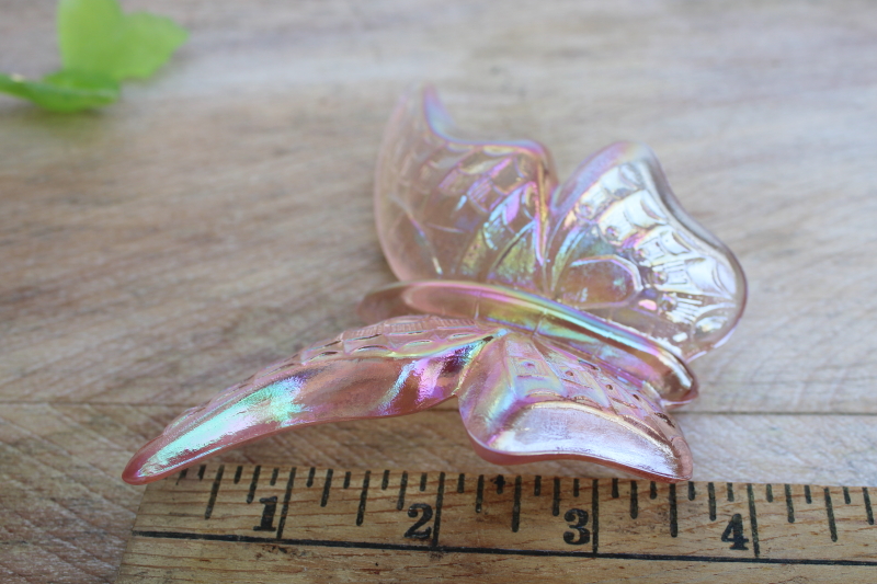 vintage glass butterflies, Fenton carnival pink opalescent, lime green mist Westmoreland