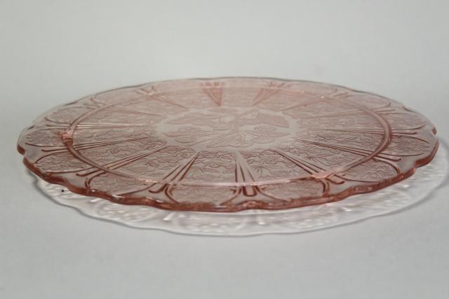 vintage glass cake plate, blush pink depression glass in cherry blossom pattern