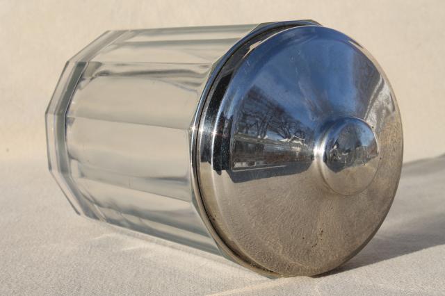 vintage glass canister w/ metal lid, general store counter jar for cigars or stick candy