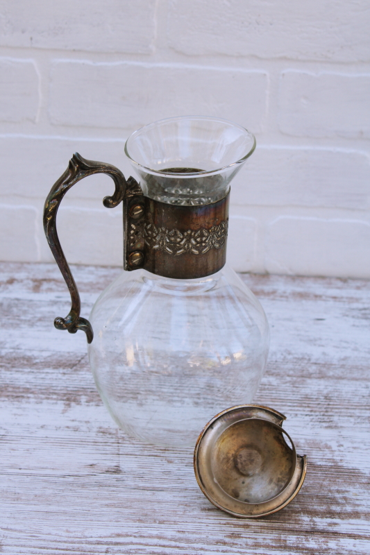 vintage glass carafe w/ silver plated handle and lid, replacement or extra pitcher for buffet coffee warmer