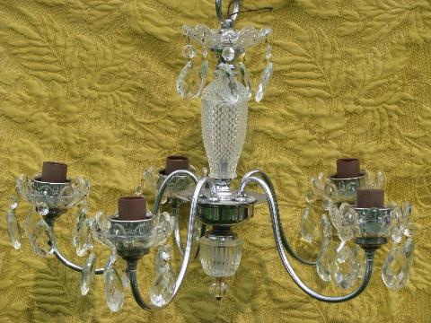 vintage glass chandelier, deco silver chrome w/ teardrop prisms