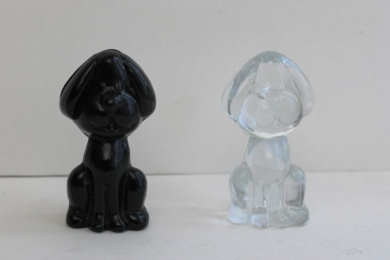vintage glass dog figurines, funny floppy ears snoopy hounds black & clear glass
