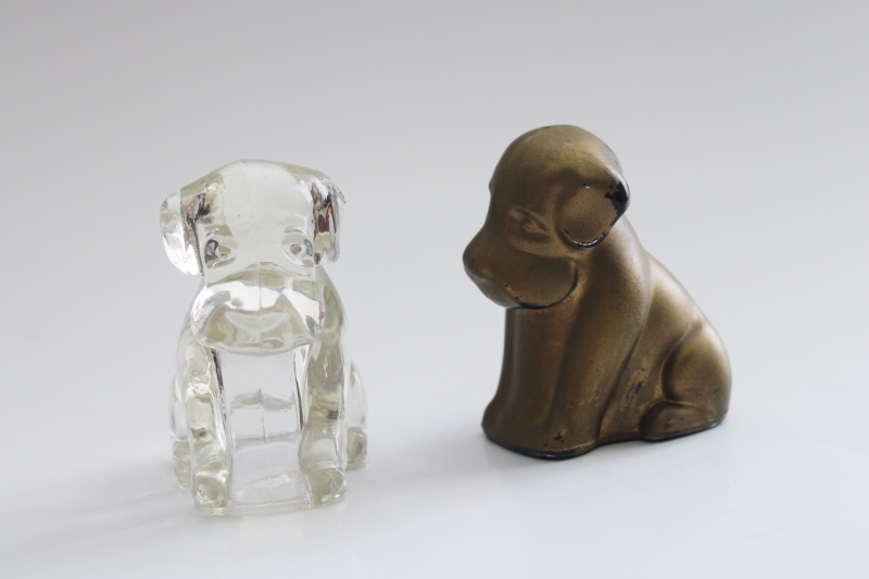 vintage glass dog paperweights, pair hound dog figurines, pressed glass worn gold