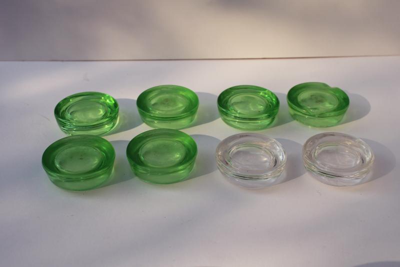 vintage glass furniture coasters, Hazel Atlas green depression uranium glass