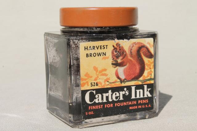 vintage glass ink bottle, Carter's paper label w/ nut brown squirrel art