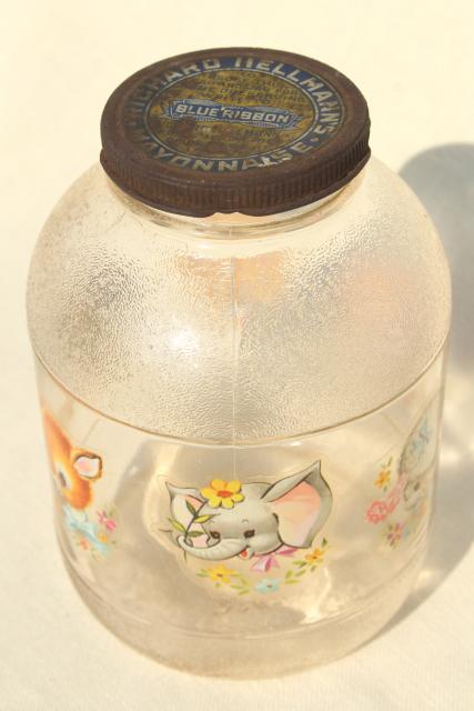 vintage glass jar w/ 1950s baby animal decals, sweet old nursery decor