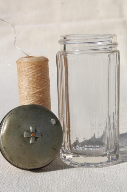 vintage glass jar floss / string holder, antique vanity case bottle for fine thread