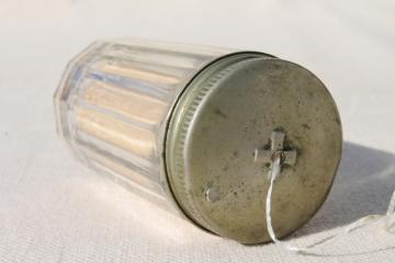 vintage glass jar floss / string holder, antique vanity case bottle for fine thread