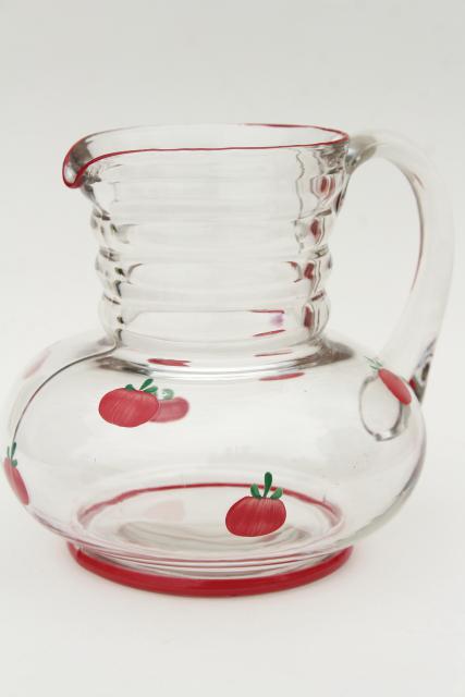 vintage glass juice pitcher w/ hand painted tiny red tomatoes, retro kitchen glassware