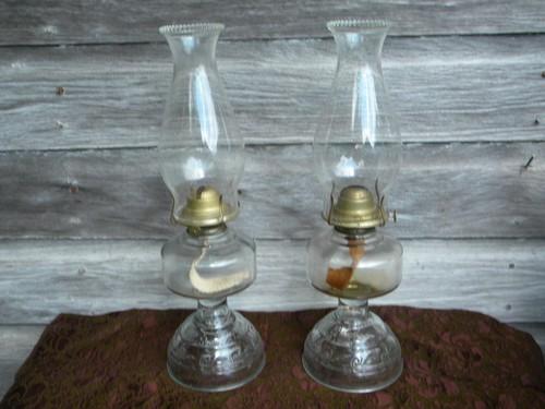 vintage glass kerosene or oil lamps w/hurricane chimneys P&A Risdon