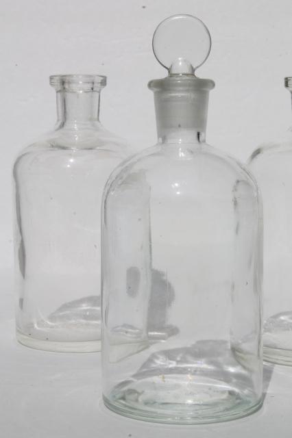 vintage glass lab chemical bottles, old apothecary bottle lot, pharmacy medicine bottles