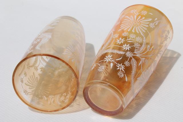 vintage glass lemonade set pitcher & glasses Jeannette cosmos white flowers marigold carnival luster