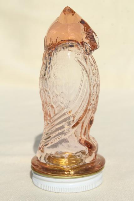 vintage glass owl jar, figural candy container in pink depression glass