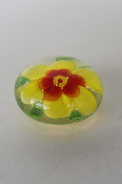 vintage glass paperweight, yellow flower daisy encased in clear glass, art glass made in China