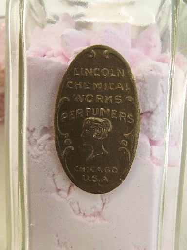 vintage glass pharmacy bottles,  antique 1906 Lincoln Chemical Chicago tag 