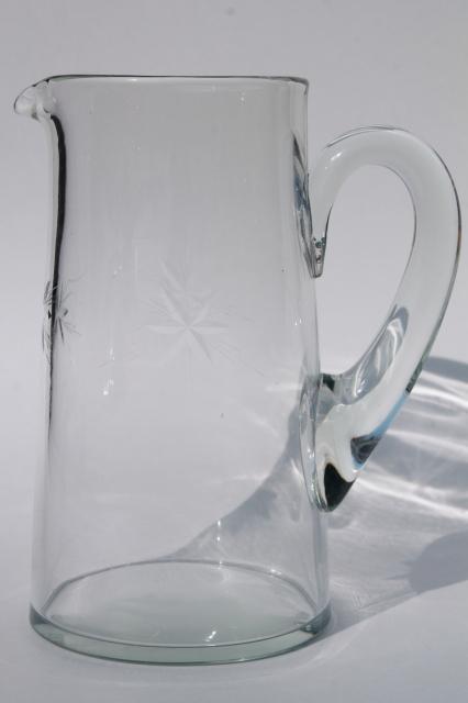 vintage glass pitcher, lemonade or cocktail pitcher w/ wheel cut star starburst pattern