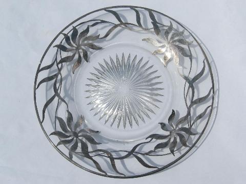 vintage glass plate, hand-painted silver deposit flower pattern