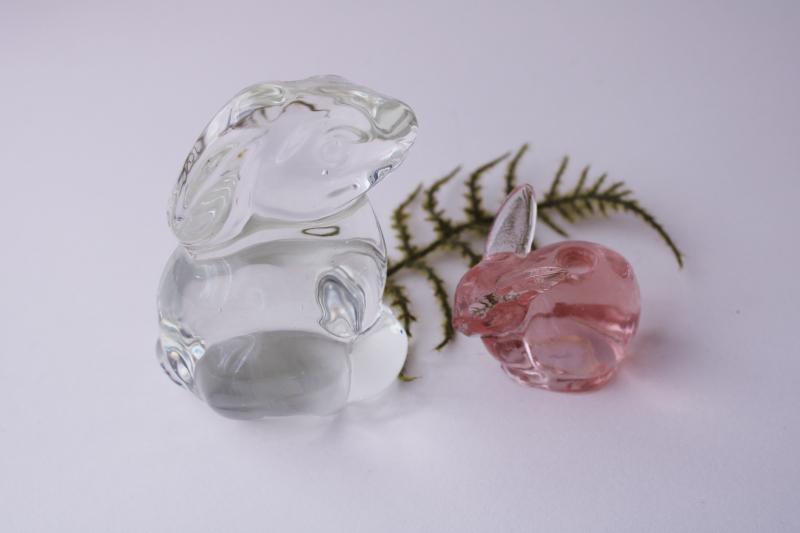 vintage glass rabbits, crystal clear & pink glass bunny paperweight and candle holder