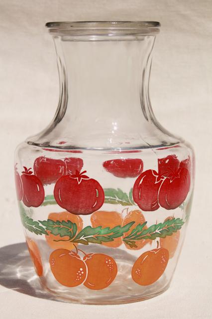 vintage glass refrigerator bottle juice carafe w/ oranges & tomatoes print