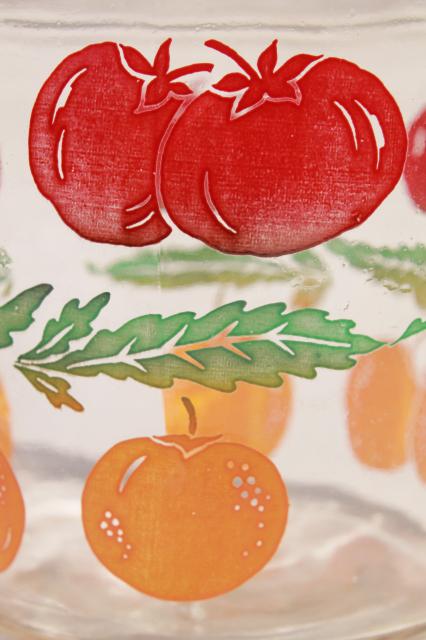 vintage glass refrigerator bottle juice carafe w/ oranges & tomatoes print