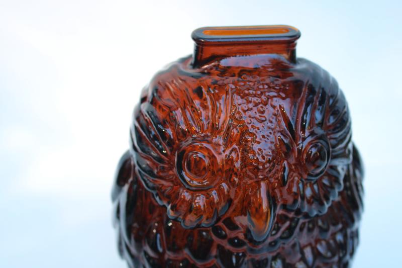 vintage glass savings bank Wise Old Owl, root beer brown dark amber glass