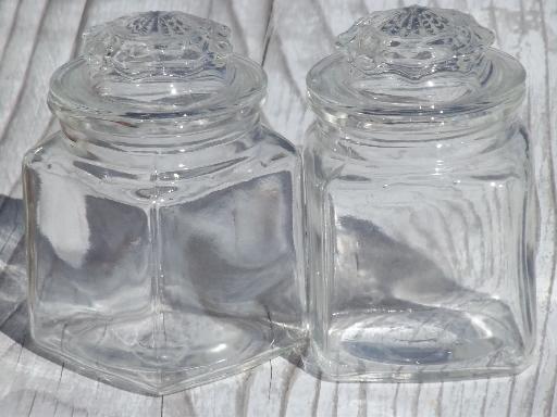 vintage glass spice jars, 16 clear glass bottles w/ glass lids 
