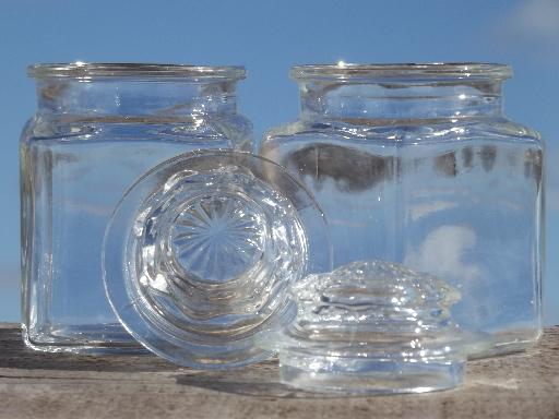 vintage glass spice jars, 16 clear glass bottles w/ glass lids 