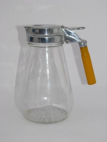 vintage glass syrup pitcher, carmel bakelite handle