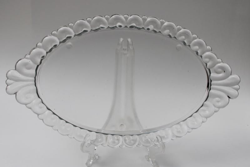 vintage glass tray, crystal clear heavy pressed glass ornate oval tray