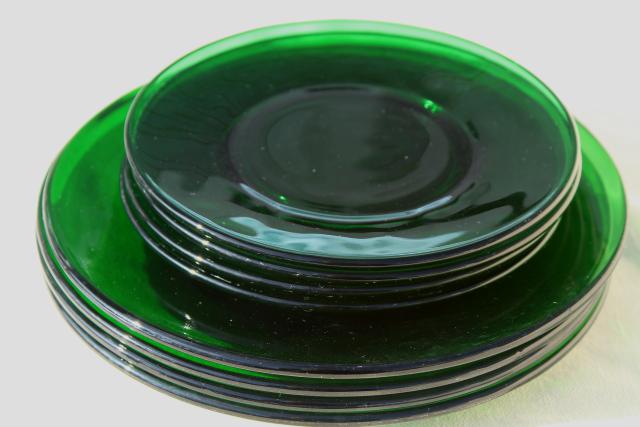 vintage glassware, forest green glass dishes, salad & bread plates set