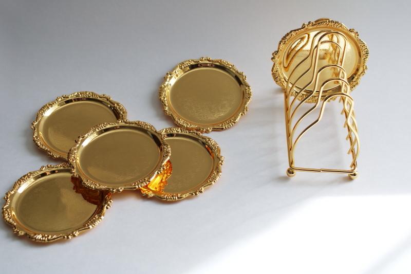 vintage gleaming gold tone coaster set w/ rack, drinks coasters metal