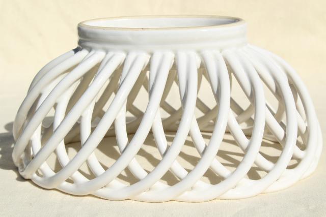 vintage glossy white ceramic basket weave bowl, large oval fruit dishv