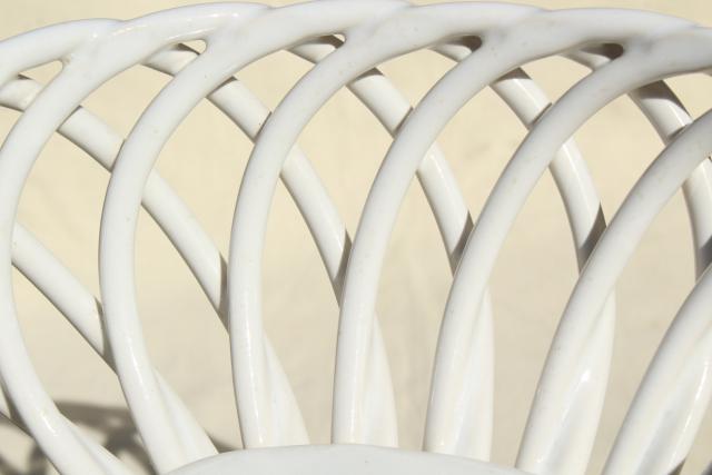 vintage glossy white ceramic basket weave bowl, large oval fruit dishv