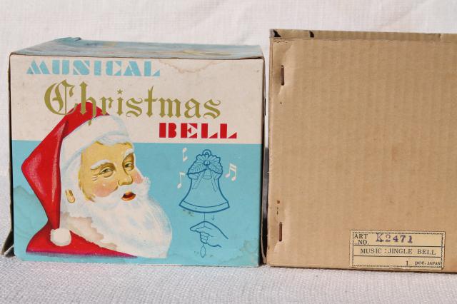 vintage gold aluminum Christmas bell, musical music box holiday decoration in original box