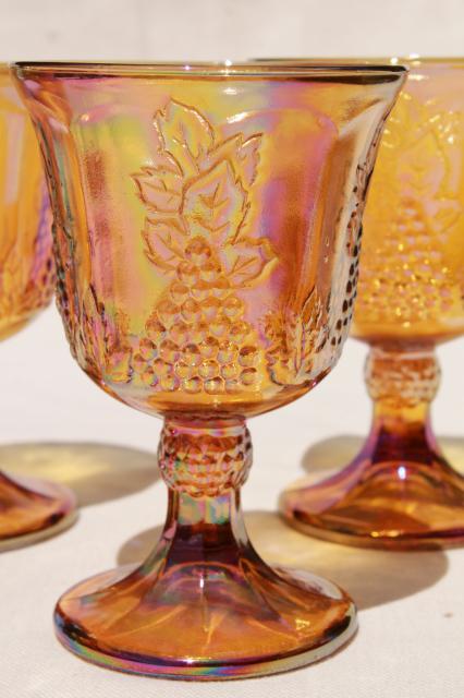 vintage gold & blue iridescent carnival glass, harvest grapes goblets wine glasses