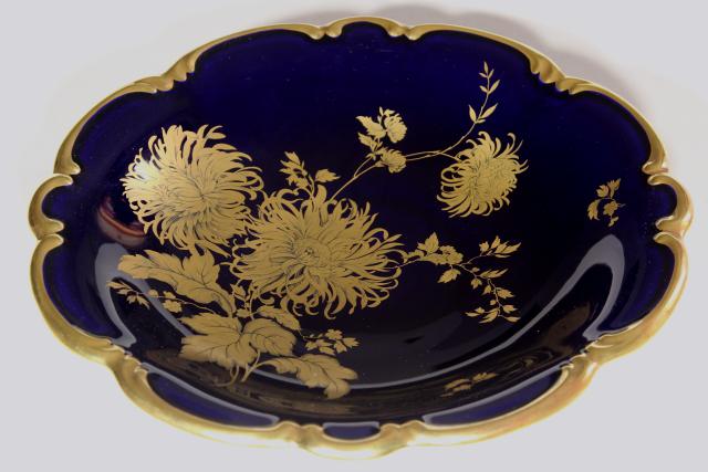 vintage gold chrysanthemum cobalt blue, hand painted Bavaria china large bowl centerpiece