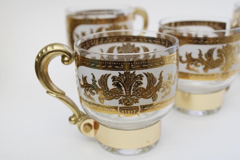 vintage gold decorated glass coffee cups w/ metal handles, baroque florentine style