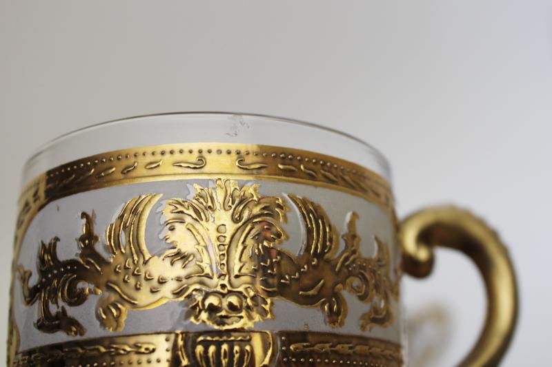 vintage gold decorated glass coffee cups w/ metal handles, baroque florentine style