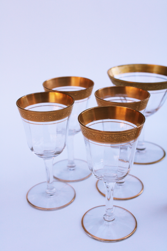vintage gold encrusted Rambler Rose Tiffin stemware, champagne  wine glasses