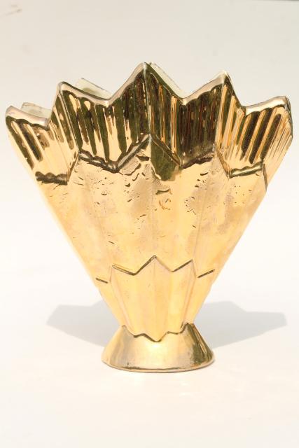 vintage gold encrusted ceramic planter pots, art deco lotus flower & fan shapes