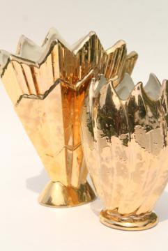 vintage gold encrusted ceramic planter pots, art deco lotus flower & fan shapes