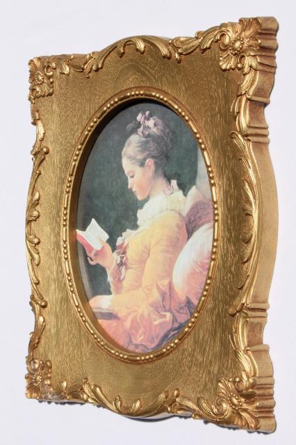 vintage gold faux wood frame w/ French print Fragonard young girl reading